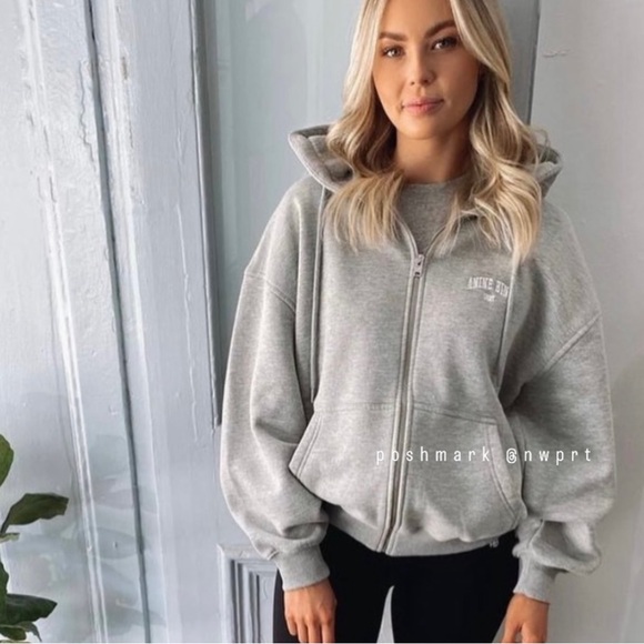 Anine Bing Zane Hoodie Zip Up Sweatshirt Jacket Heather Grey White XXS XS - Picture 14 of 14